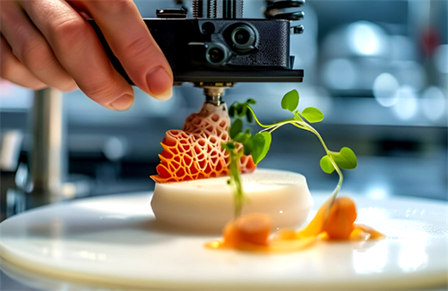 3D printer depositing an intricate, lattice-style edible component onto a gourmet-style backcountry dish