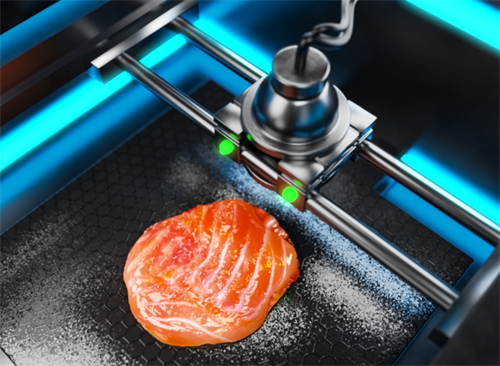 3D printer creating a salmon-like protein patty, showcasing technology that could revolutionize lightweight trail food