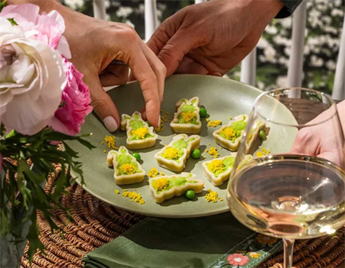 Artfully plated, bite-sized 3D-printed trail snacks shaped like trees, demonstrating custom gourmet options for backcountry meals