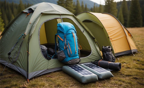 Campsite setup with solar-powered tents, backpacks, and inflatable solar mats, showcasing next-generation sustainable outdoor gear