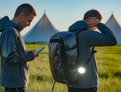Two hikers at a campsite, one using a phone charged by a solar backpack while the other wears a jacket with integrated LED lighting