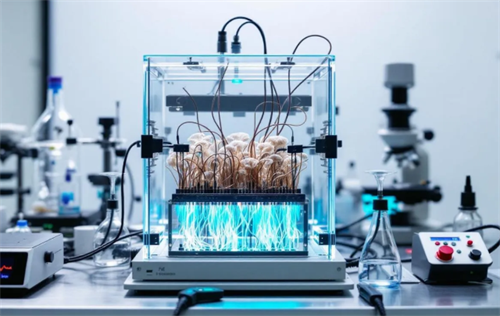  Laboratory setup for mycelium cultivation in controlled conditions, showing the process of growing mushroom-based materials for outdoor gear