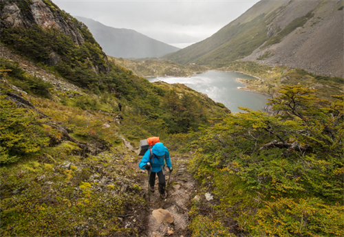 Hiker ascending a muddy trail above a remote lake during a rainy day on the Dientes de Navarino Circuit