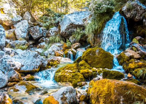 Crystal-clear mountain stream with moss-covered rocks along the Valbona–Theth hiking trail in northern Albania